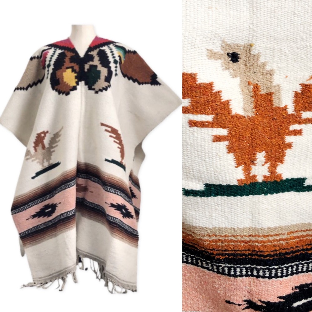 Vintage Mexican Sarape Thunderbird Blanket Poncho B